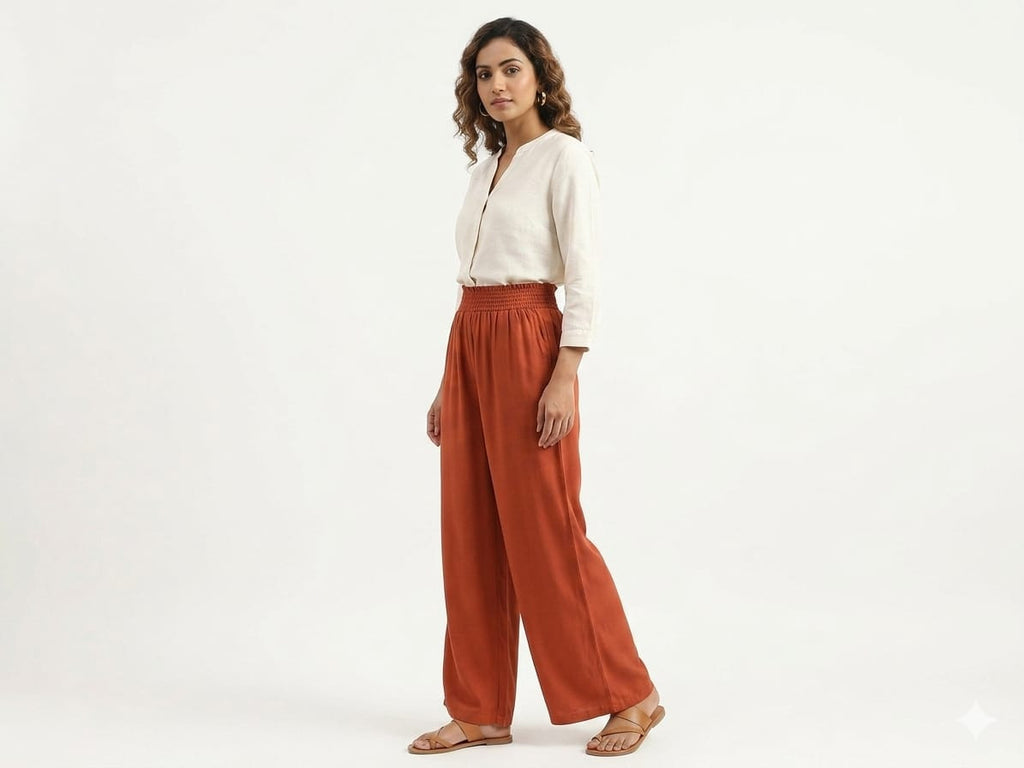 Trendy Solid Orange Wide-Leg Palazzo Pants for Women - Orange - Size: 28