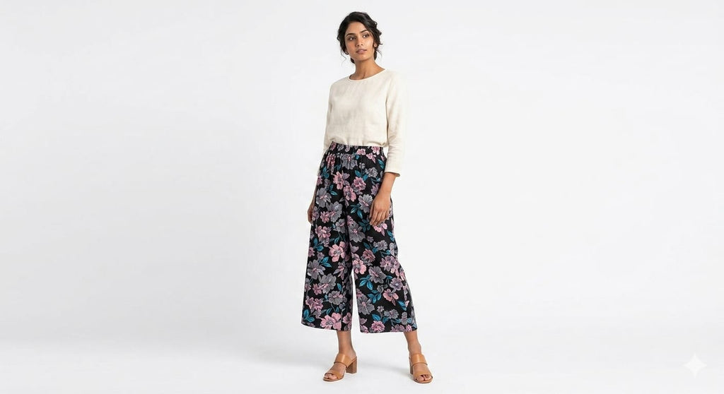 Women's Trendy Black Floral Print Wide Leg Palazzo Pants - Black - Size: 30