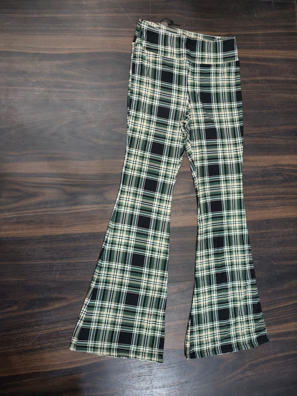 Trendy Women's Green Plaid High-Rise Flared Bell Bottom Pants - Multi - Size: 28