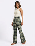 Trendy Women's Green Plaid High-Rise Flared Bell Bottom Pants - Multi - Size: 28