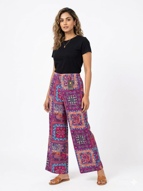 Bohemian Style Multicolour Printed Wide Leg Palazzo Pants | Soft & Comfortable Flared Plazo for Women & Girls - Multi - Size: 30