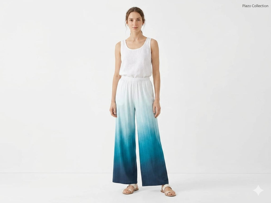 Dual-Tone Ombre Palazzo Pants - White and Blue - Size: 38