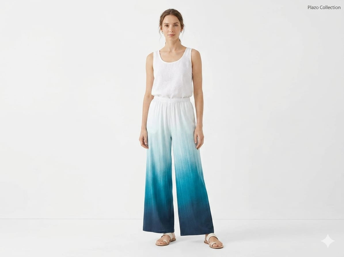 Dual-Tone Ombre Palazzo Pants - White and Blue - Size: 38
