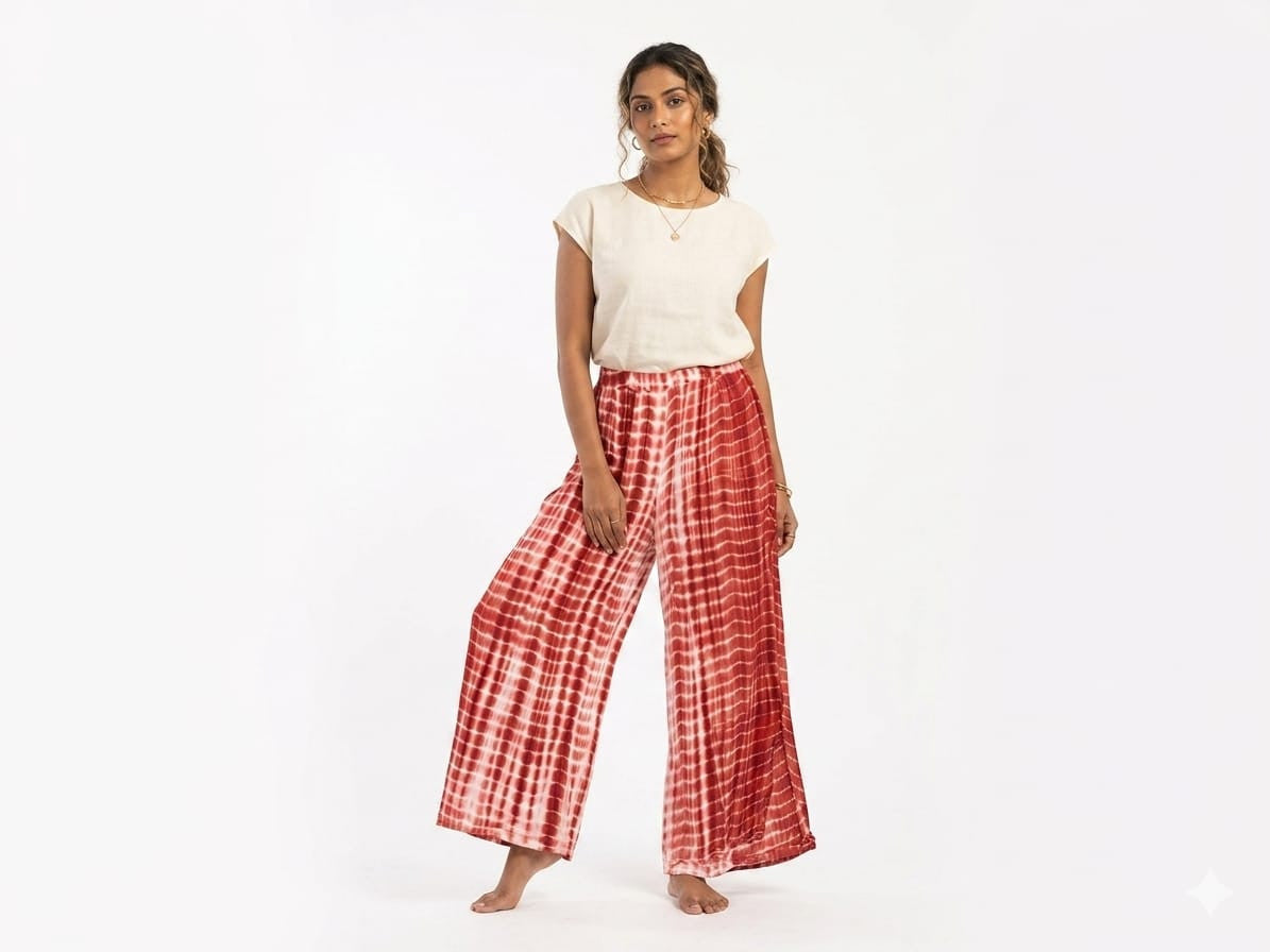 Women's Red and White Tie-Dye Shibori Printed Palazzo Pants - Red and White - Size: 46