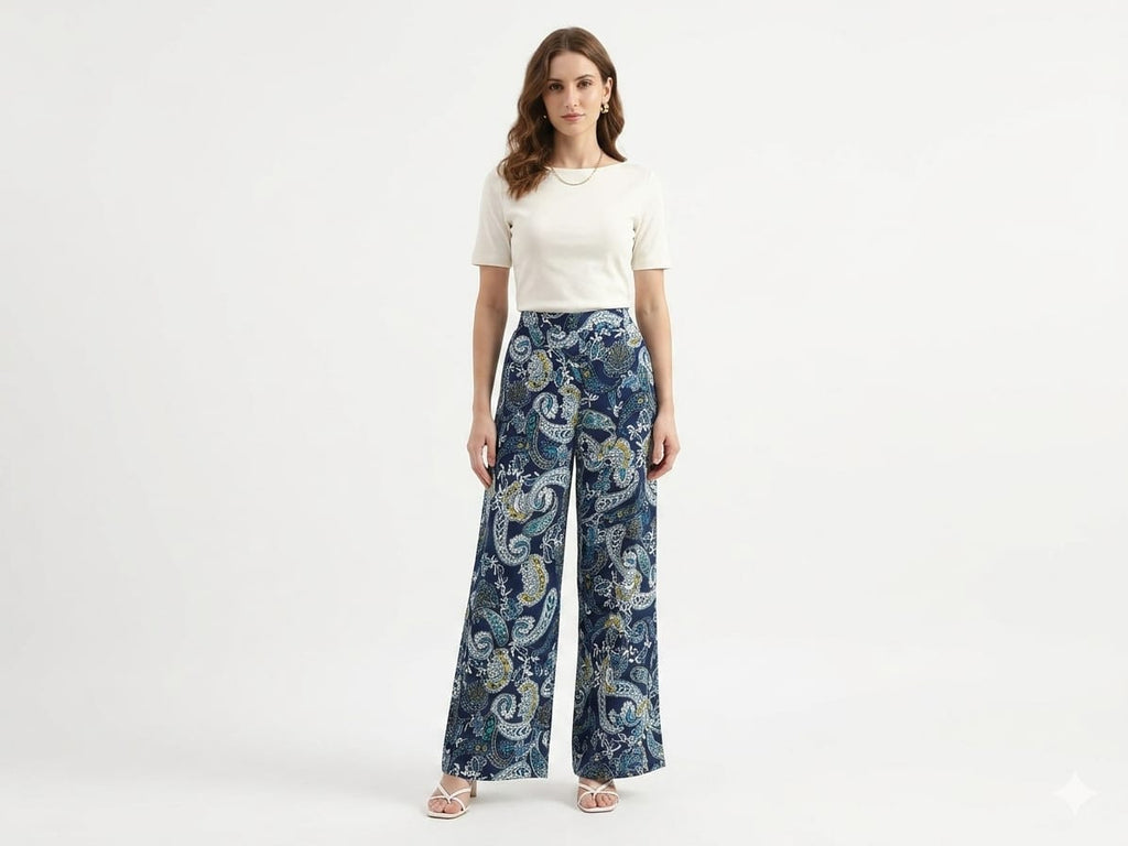 Women's Navy Blue Paisley Print Wide-Leg Palazzo Pants - Navy Blue - Size: 46