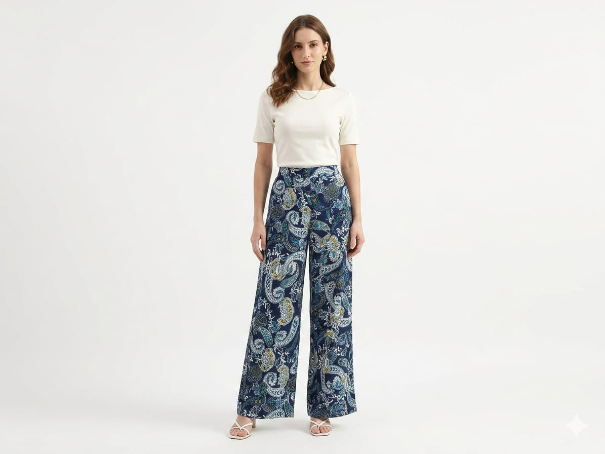 Women's Navy Blue Paisley Print Wide-Leg Palazzo Pants - Navy Blue - Size: 46