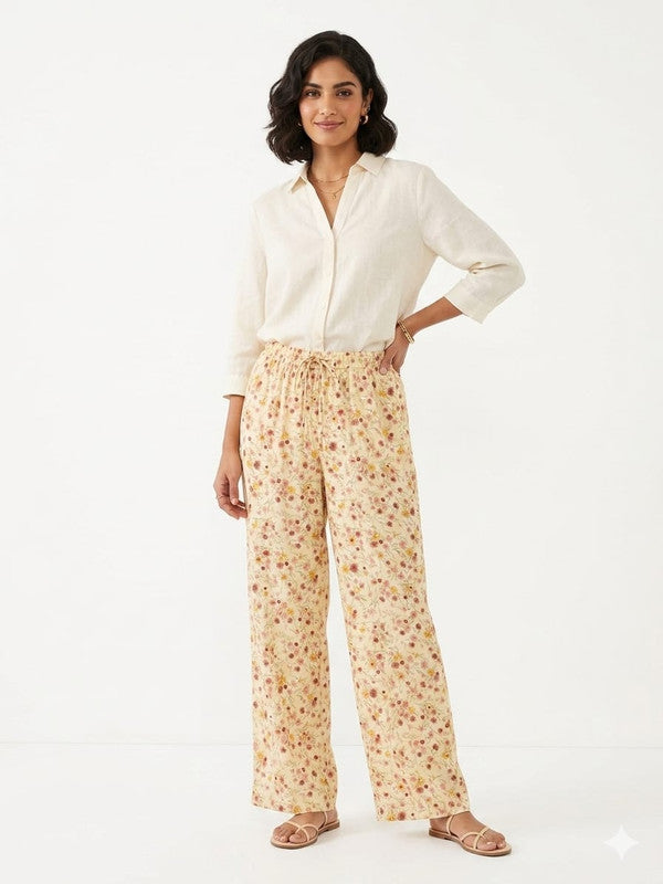 Women's Casual Cotton Floral Print Palazzo – Lightweight Summer Lounge Pants - Yellow - Size: 38