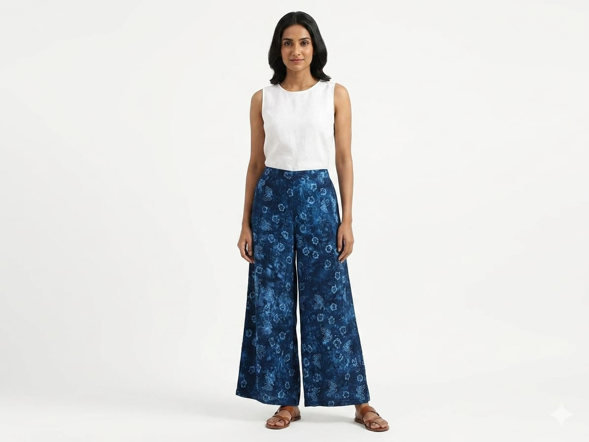Women's Blue Butterfly and Floral Print Palazzo Pants - Blue - Size: 38