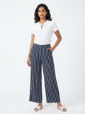 Women's Navy Blue & White Striped Wide-Leg Palazzo Pants - Blue - Size: 38