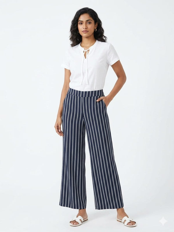 Women's Navy Blue & White Striped Wide-Leg Palazzo Pants - Blue - Size: 38