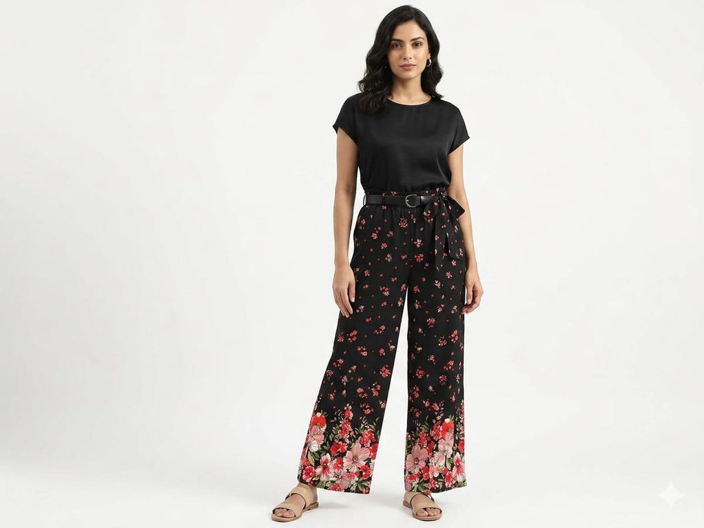 Women's Casual Printed Palazzo Pants - Black and Red - Size: 30