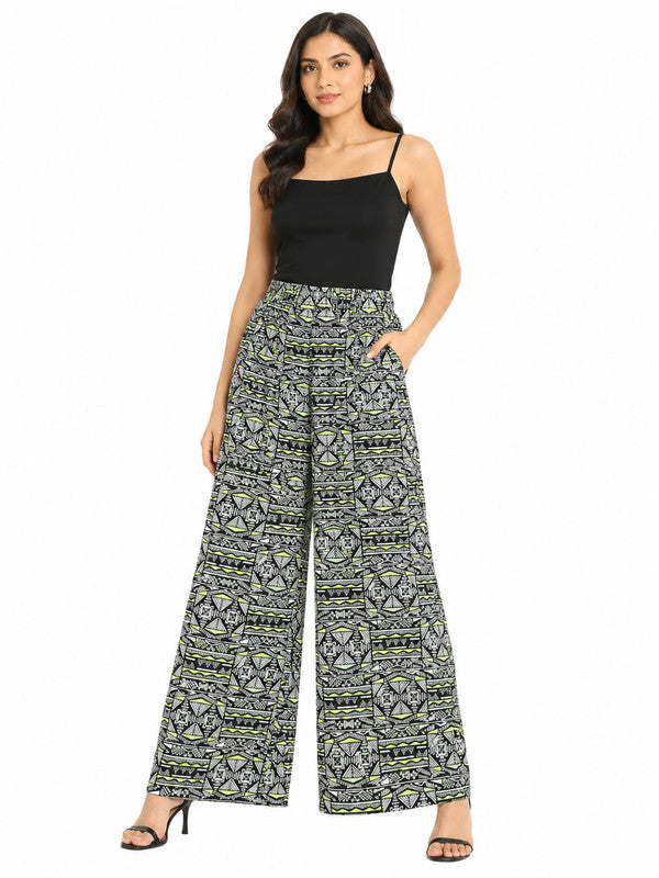 Women’s Black & Neon Green Geometric Print Relaxed Fit Palazzo Pants - Multi - Size: 32
