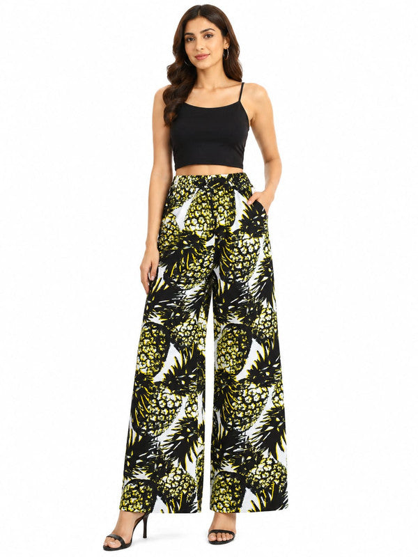 Women's Tropical Pineapple Print Wide-Leg Palazzo Pants - Multi - Size: 30