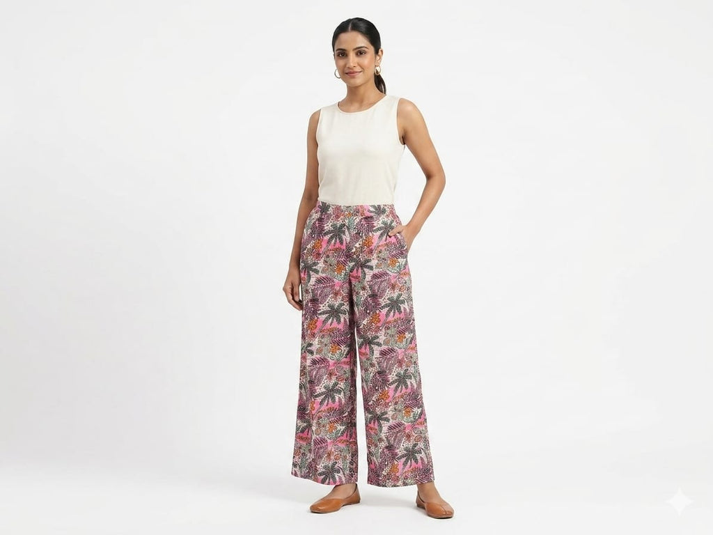 Women's Vibrant Tropical Floral Print Palazzo Pants - Multi - Size: 44