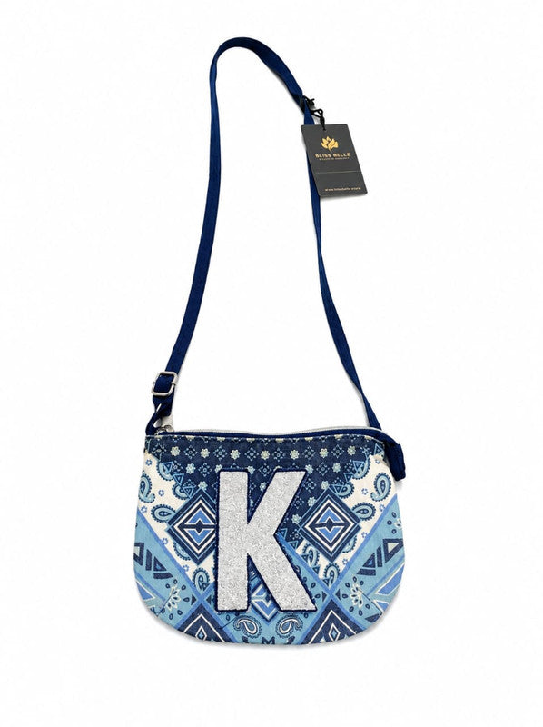 Personalized Letter K Blue Bandana Print Crossbody Bag