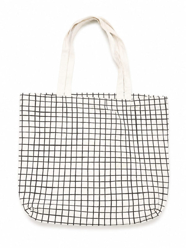Natural Grid Canvas Tote Bag