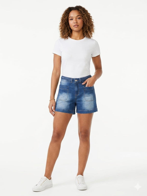 Women's Braided Waistband Denim Shorts with Patch Pockets : Size 30