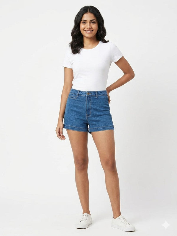 Women's High-Rise Stretch Denim Shorts in Medium Blue : Size 32