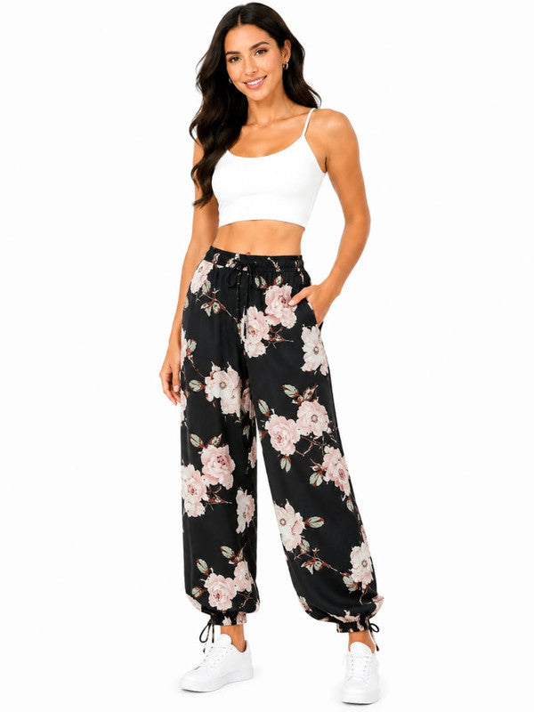 Women's Floral Print Palazzo Pants - Black - Size: 40