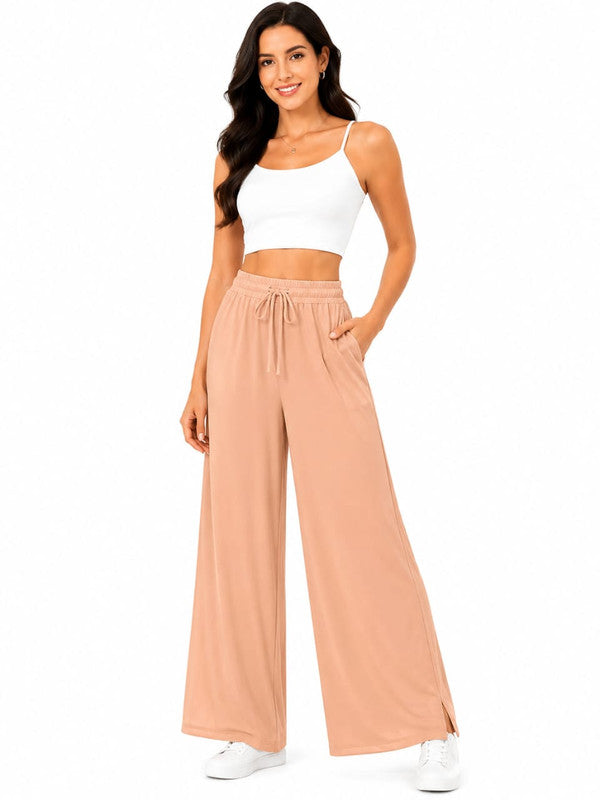 Peach Cotton-Rayon Wide-Leg Palazzo Pants - Peach - Size: 50