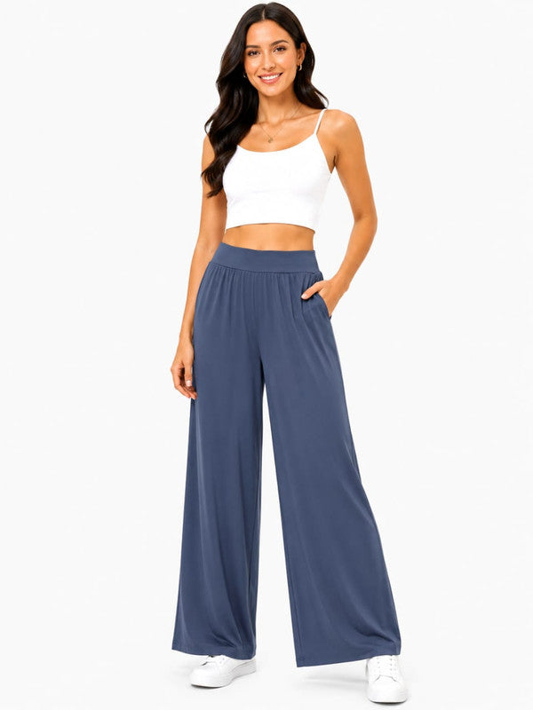 Navy Blue Relaxed Fit Palazzo Pants - Blue - Size: 46