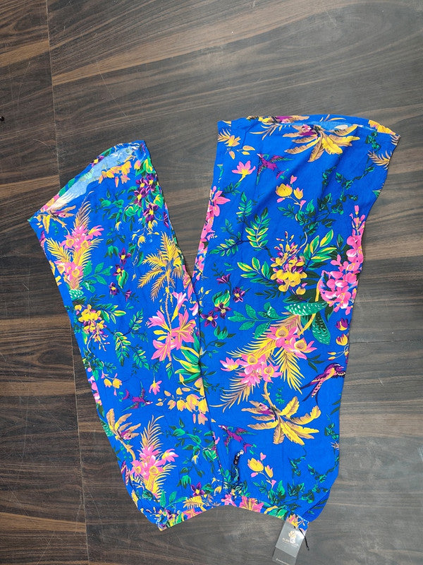 Tropical Floral Wide Leg Palazzo Pants - Blue - Size: 34