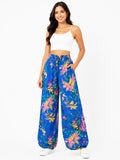 Tropical Floral Wide Leg Palazzo Pants - Blue - Size: 34