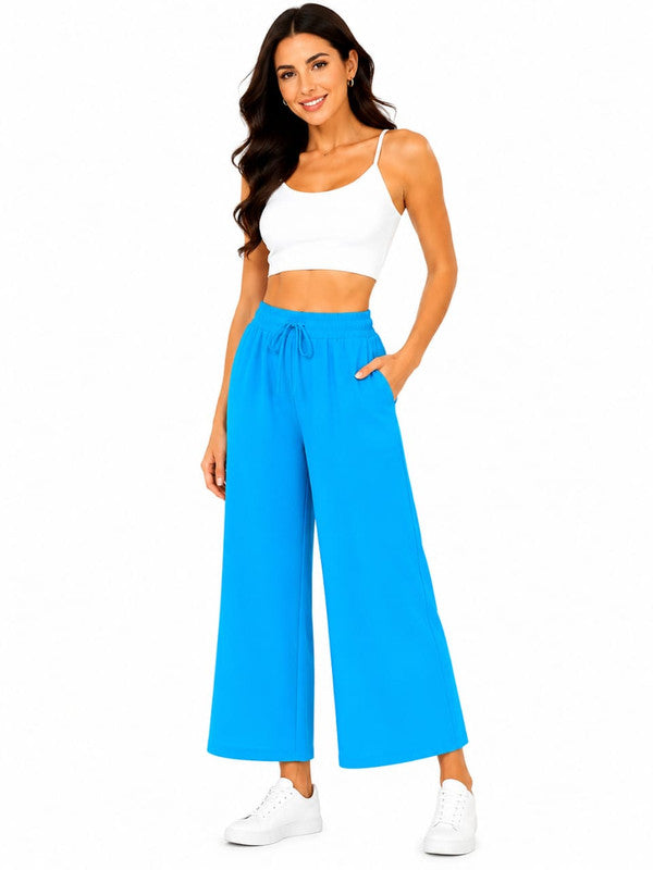 Women's Solid Turquoise Blue Palazzo Pants – Relaxed Fit Comfort Wear - Blue - Size: 38