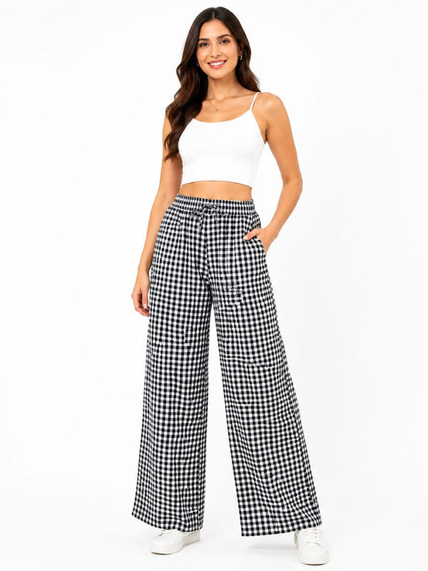 Women's Gingham Check Wide-Leg Palazzo - Black and White - Size: 30