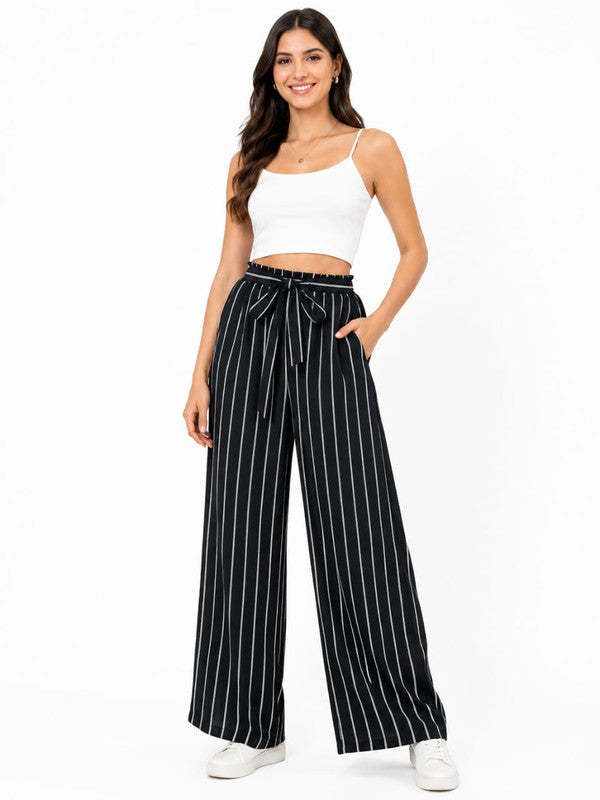 Black & White Striped Palazzo Pants with Tie-Up Belt - Black - Size: 28